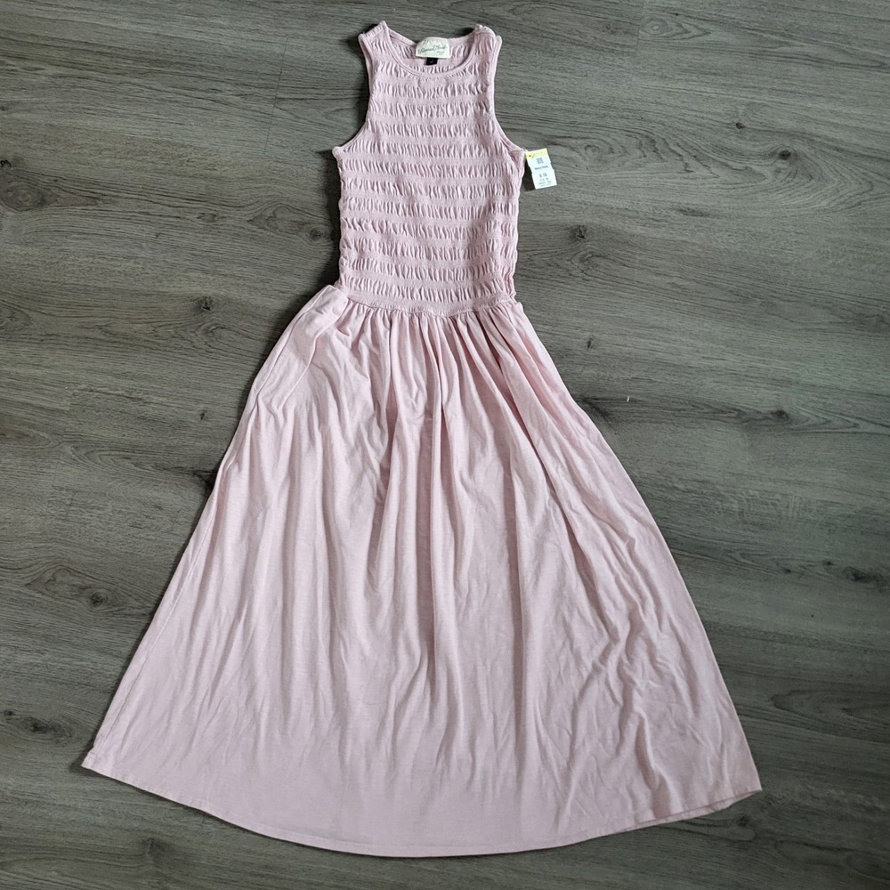 Womens Smocked Bodice Sleeveless Midi Summer Dress Pastel Pink Small Clean NEW